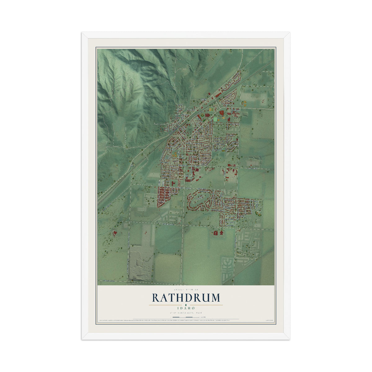 Map of Rathdrum, Idaho, 12 x 18 inch print in a white wood frame