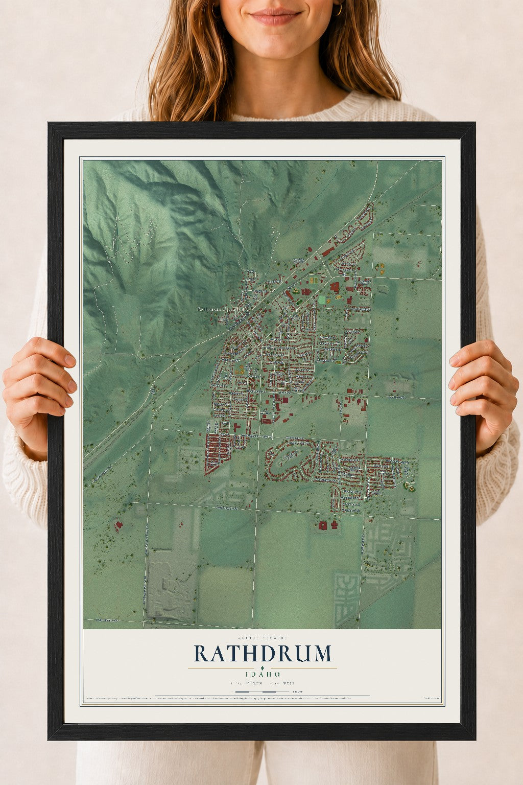 Map of Rathdrum, Idaho, 18 x 24 inch print in a black wood frame