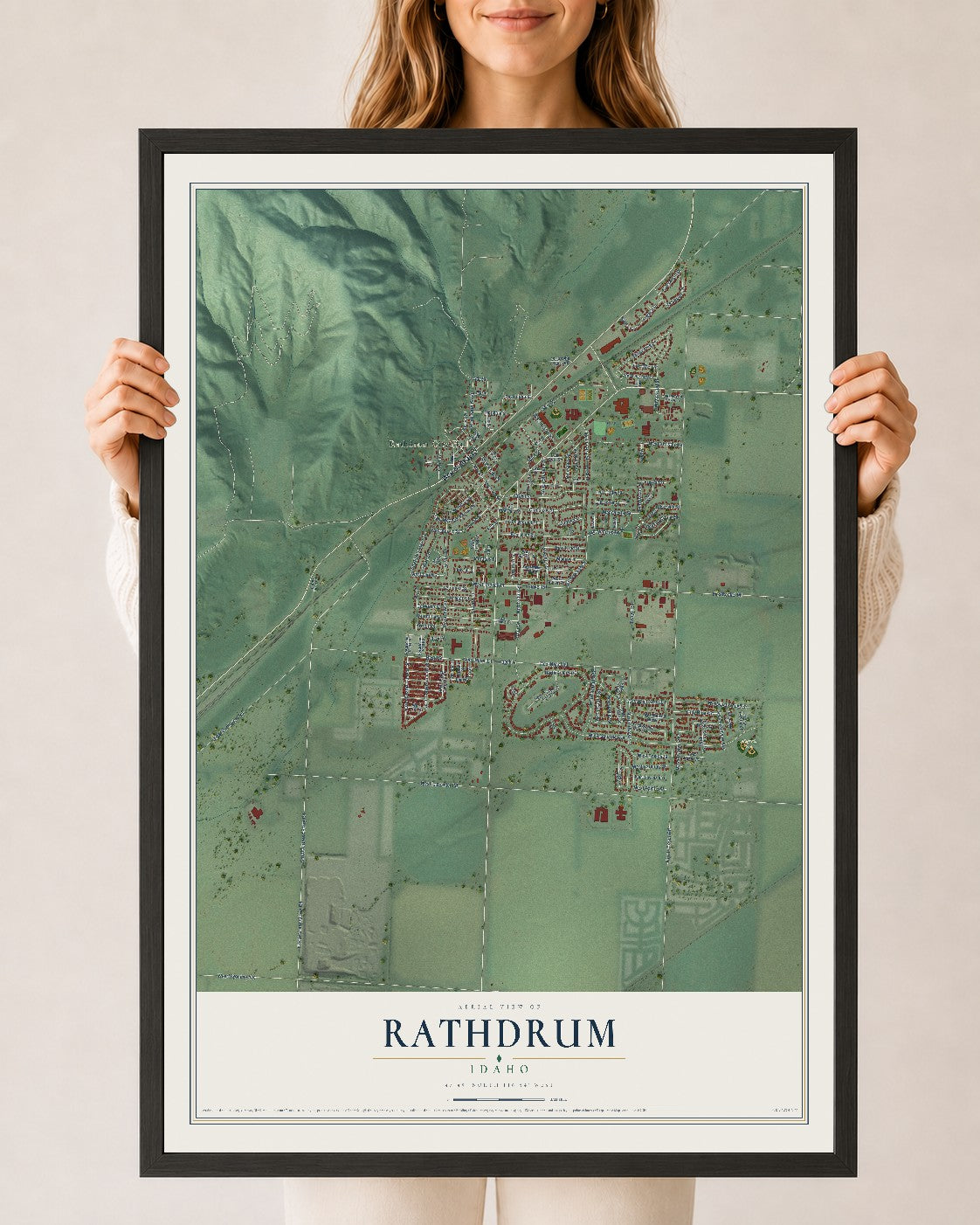 Map of Rathdrum, Idaho, 24 x 36 inch print in a black wood frame