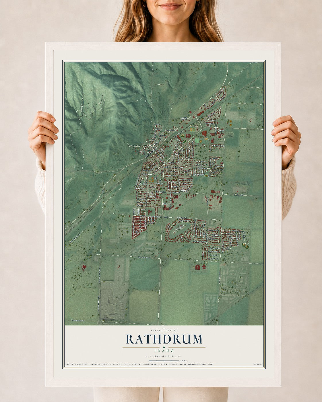 Map of Rathdrum, Idaho, 24 x 36 inch print in a white wood frame