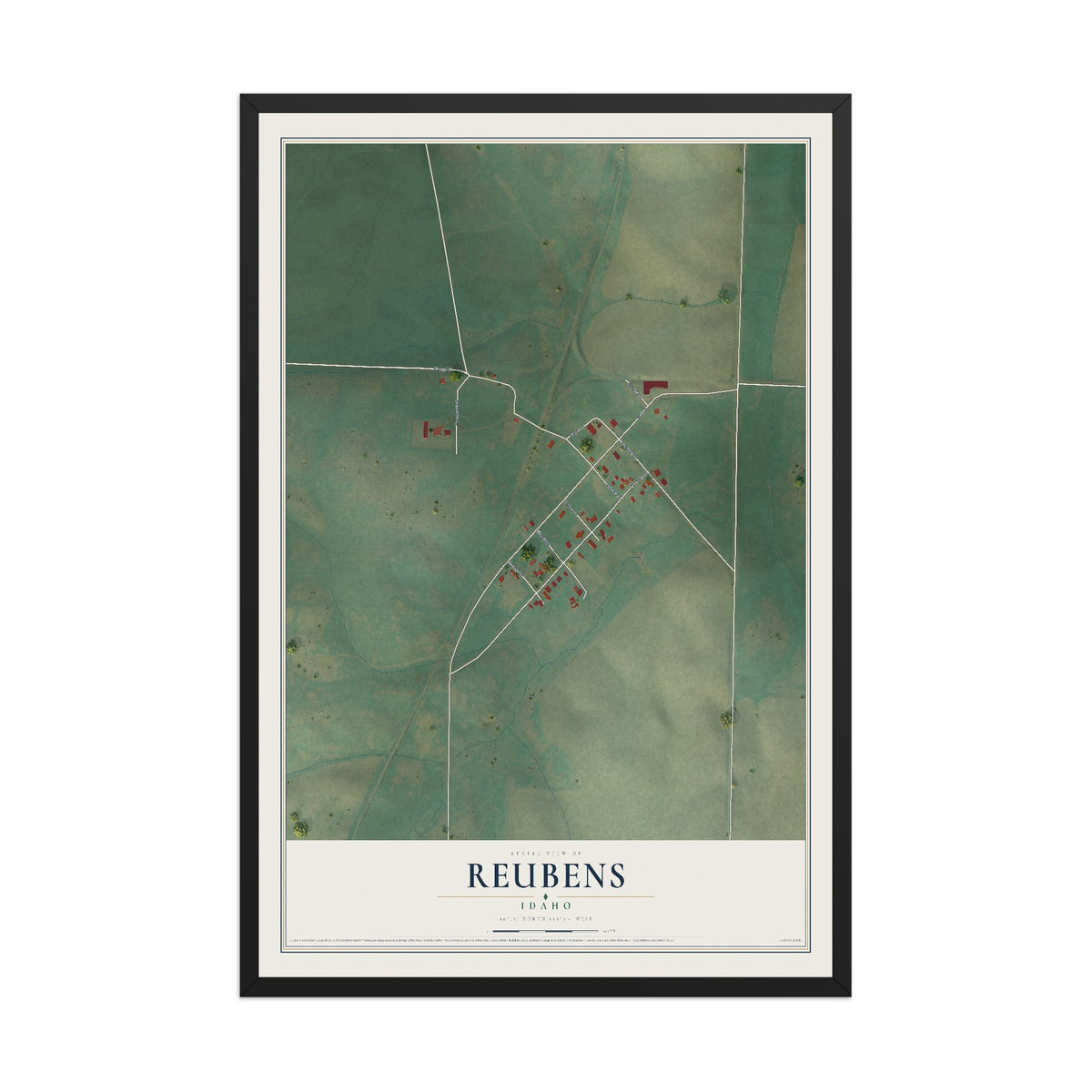 Map of Reubens, Idaho, 12 x 18 inch print in a black wood frame