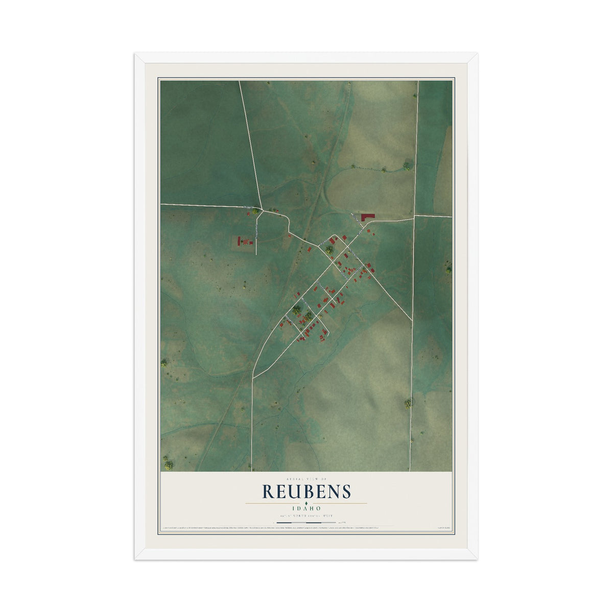 Map of Reubens, Idaho, 12 x 18 inch print in a white wood frame