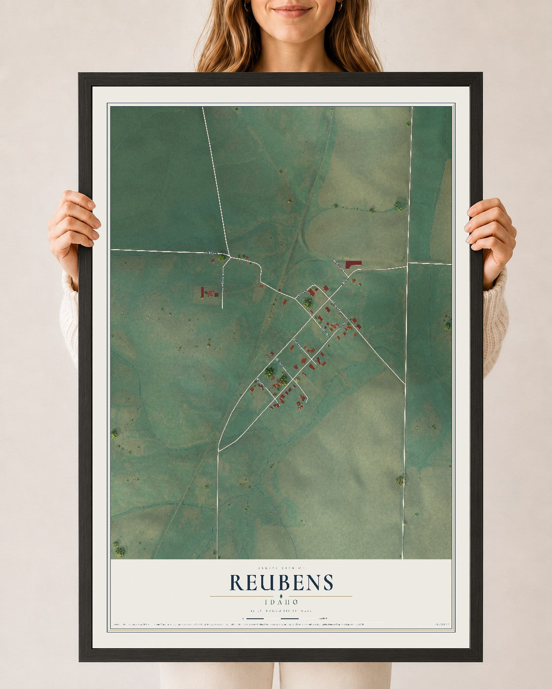 Map of Reubens, Idaho, 24 x 36 inch print in a black wood frame