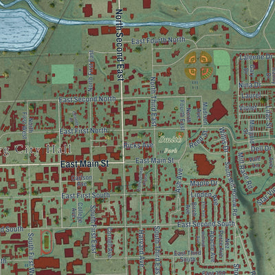 Close-up of the map of Rexburg, Idaho print showing street and building detail