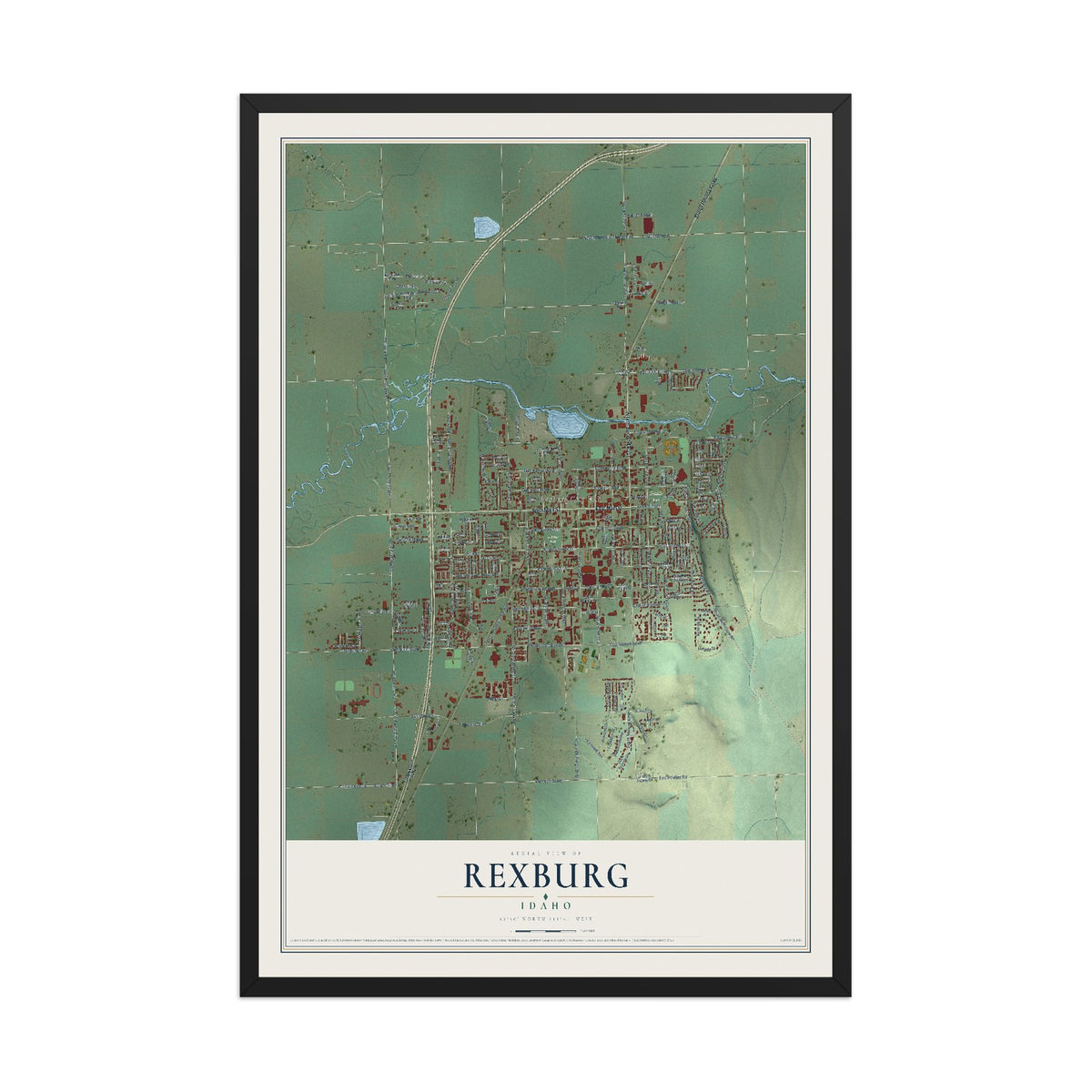 Map of Rexburg, Idaho, 12 x 18 inch print in a black wood frame