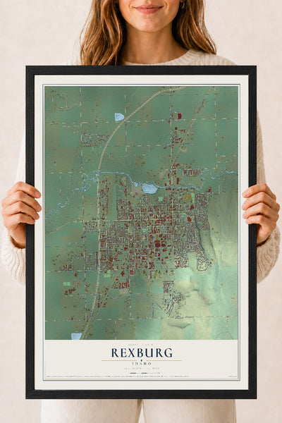Map of Rexburg, Idaho, 18 x 24 inch print in a black wood frame