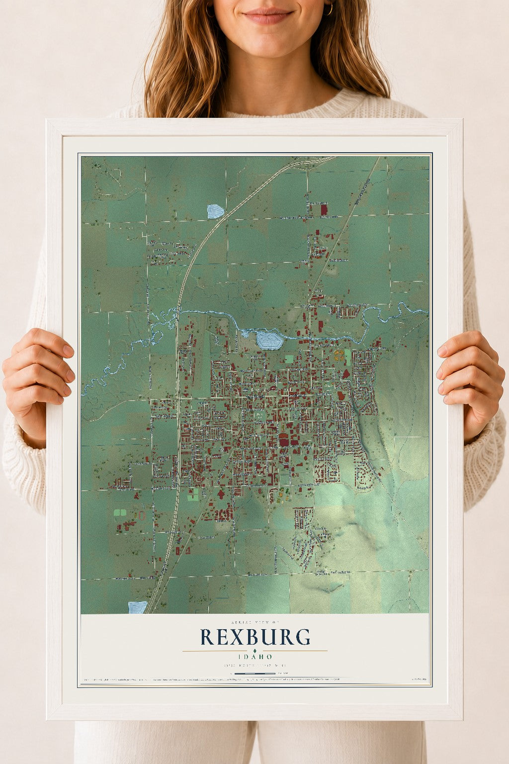 Map of Rexburg, Idaho, 18 x 24 inch print in a white wood frame