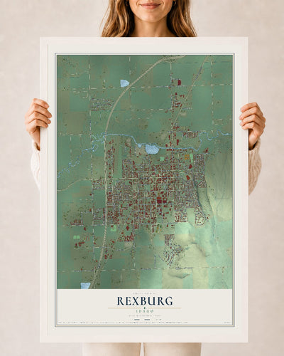Map of Rexburg, Idaho, 24 x 36 inch print in a white wood frame