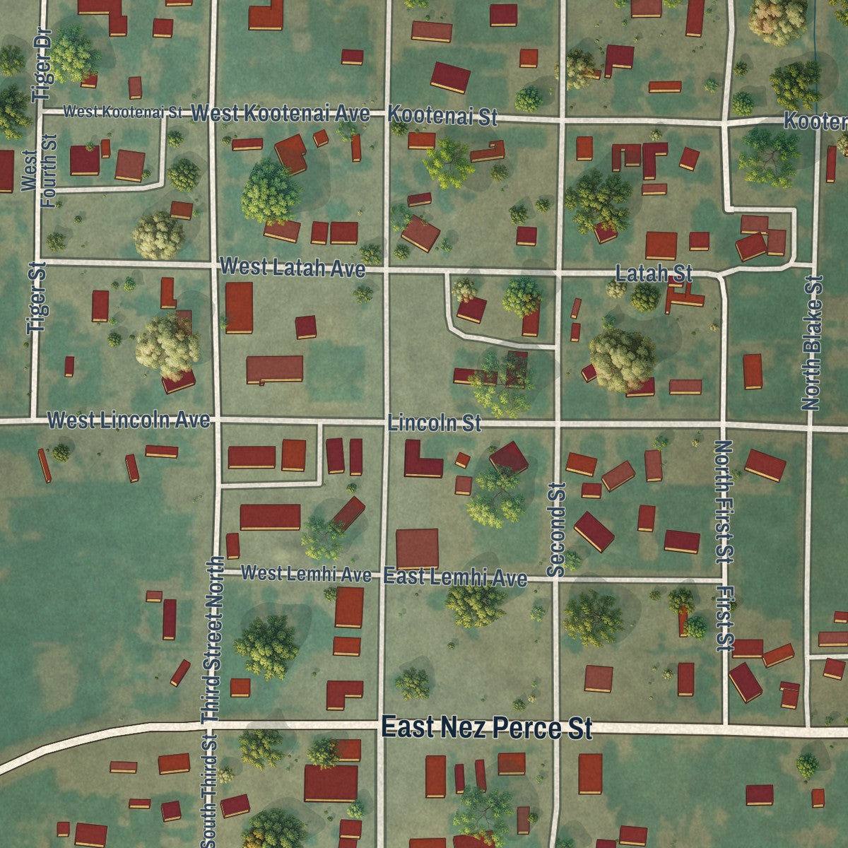 Close-up of the map of Richfield, Idaho print showing street and building detail