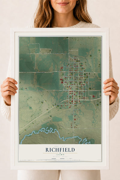 Map of Richfield, Idaho, 18 x 24 inch print in a white wood frame