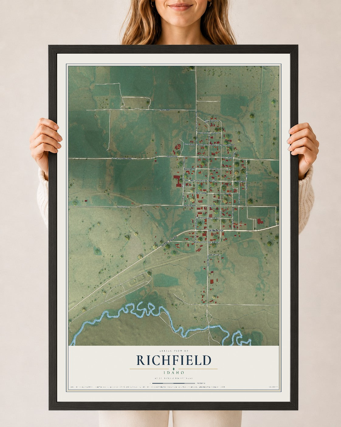 Map of Richfield, Idaho, 24 x 36 inch print in a black wood frame