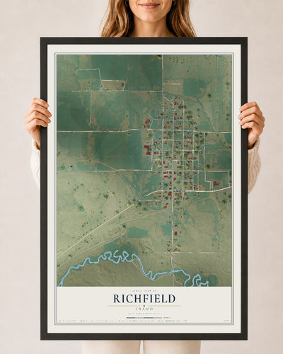 Map of Richfield, Idaho, 24 x 36 inch print in a black wood frame