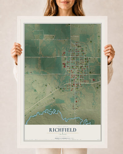 Map of Richfield, Idaho, 24 x 36 inch print in a white wood frame