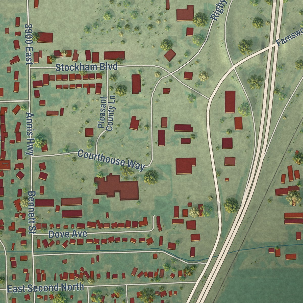 Close-up of the map of Rigby, Idaho print showing street and building detail