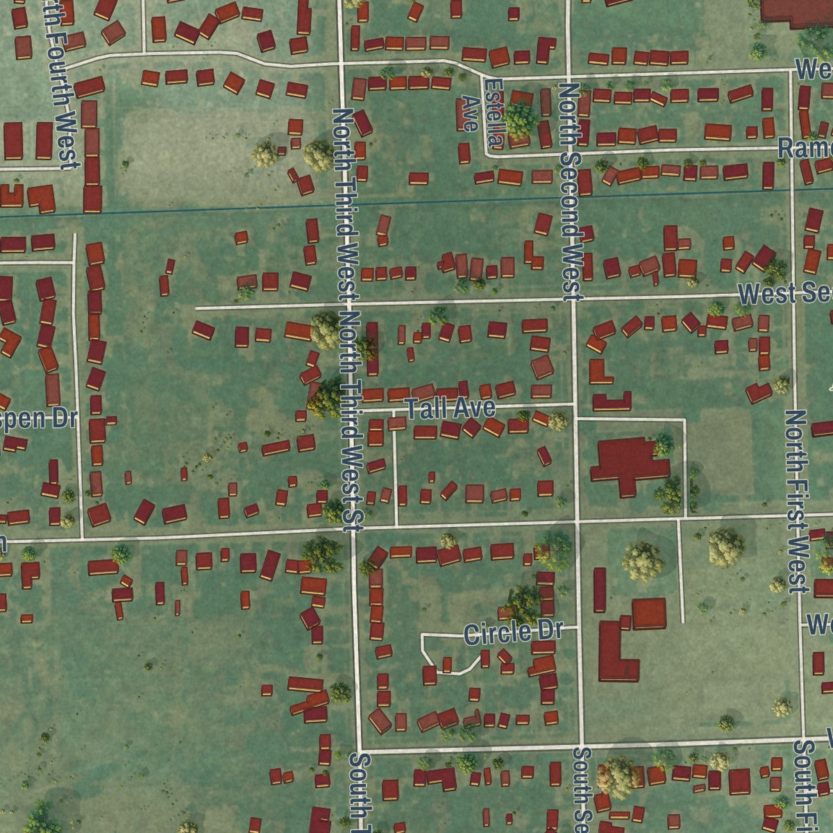 Second close-up of the map of Rigby, Idaho print showing more streets and buildings