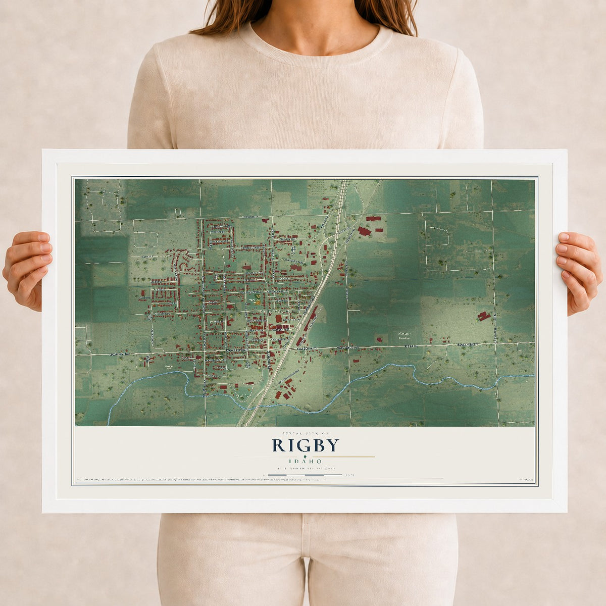 Map of Rigby, Idaho, 12 x 18 inch print in a white wood frame