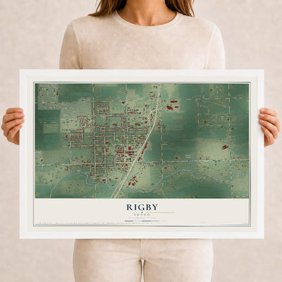 Map of Rigby, Idaho, 12 x 18 inch print in a white wood frame