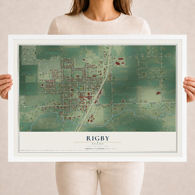 Map of Rigby, Idaho, 18 x 24 inch print in a white wood frame