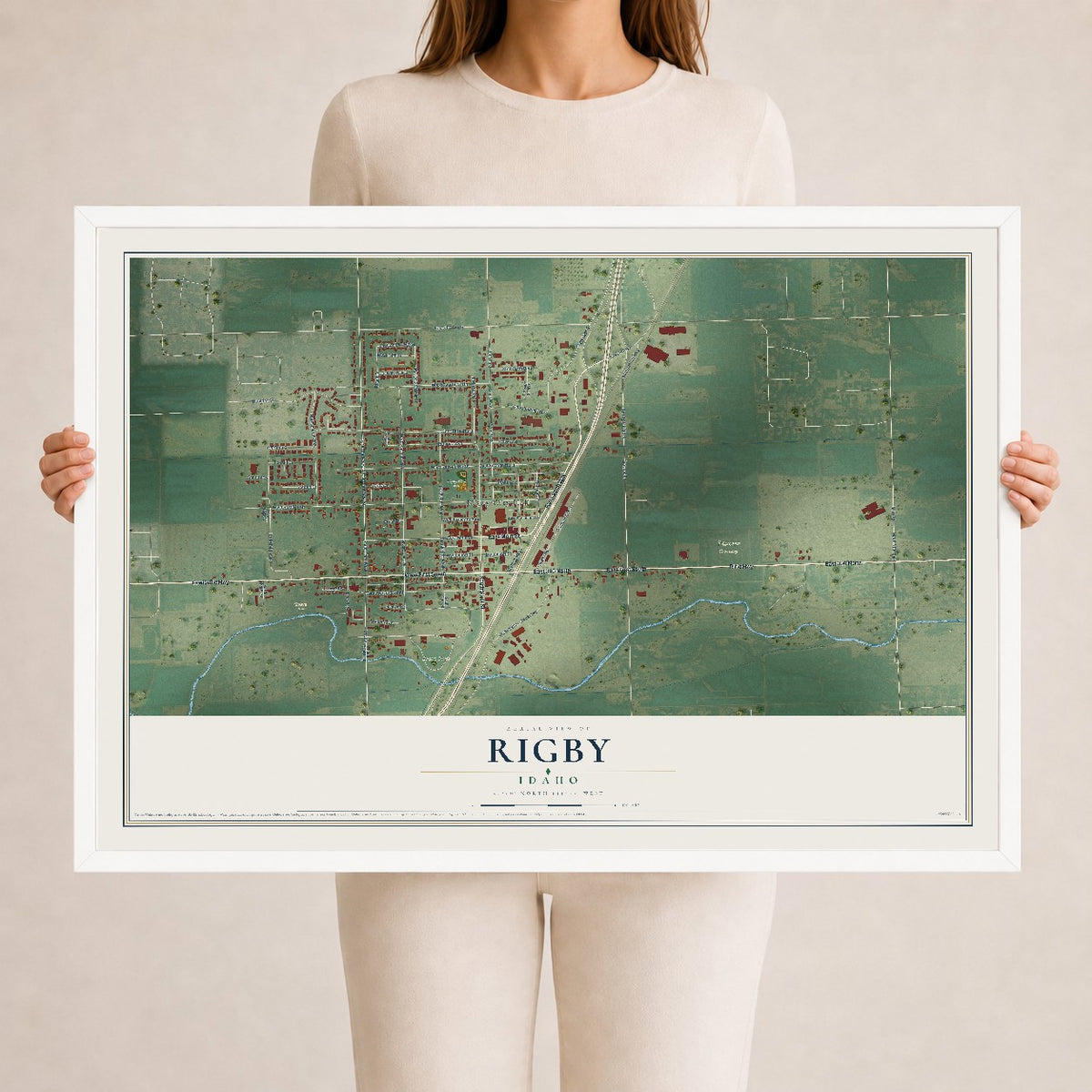 Map of Rigby, Idaho, 24 x 36 inch print in a white wood frame