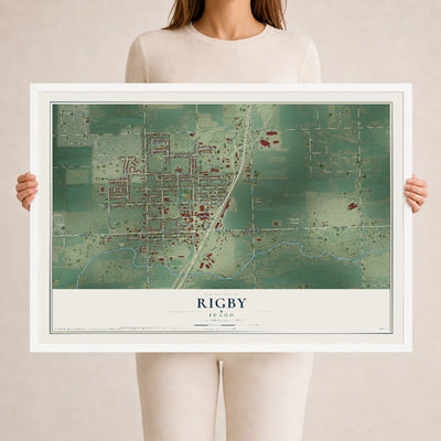 Map of Rigby, Idaho, 24 x 36 inch print in a white wood frame