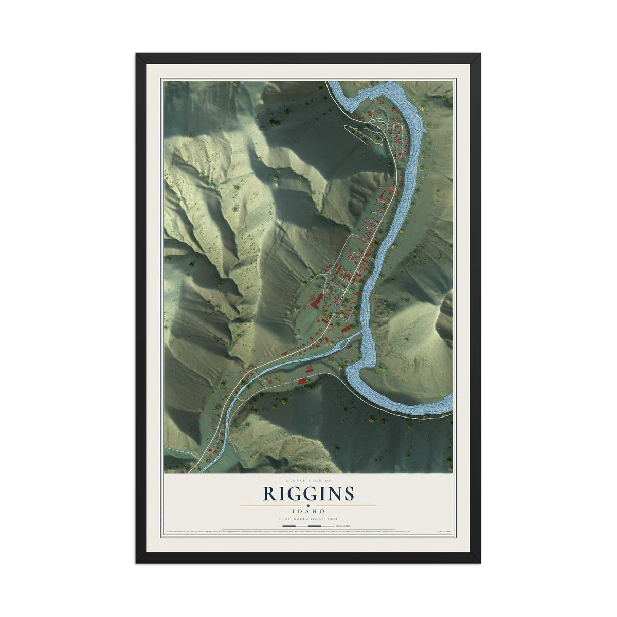 Map of Riggins, Idaho, 12 x 18 inch print in a black wood frame