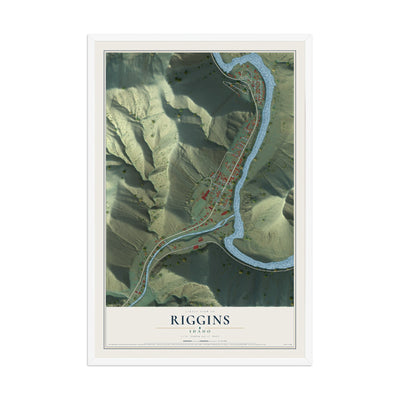 Map of Riggins, Idaho, 12 x 18 inch print in a white wood frame