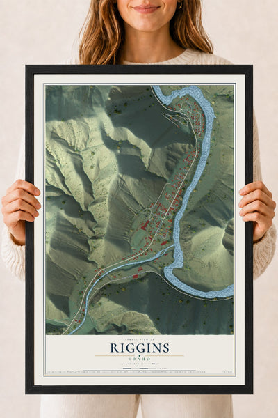 Map of Riggins, Idaho, 18 x 24 inch print in a black wood frame