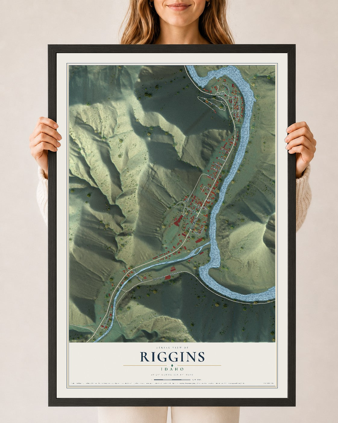Map of Riggins, Idaho, 24 x 36 inch print in a black wood frame