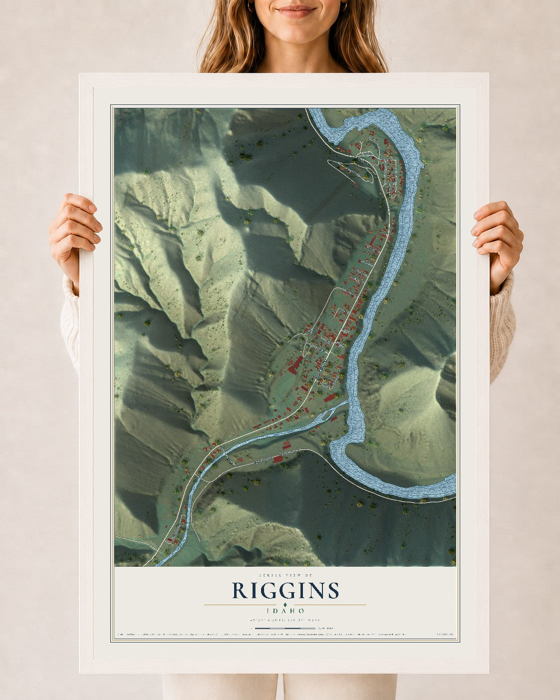 Map of Riggins, Idaho, 24 x 36 inch print in a white wood frame