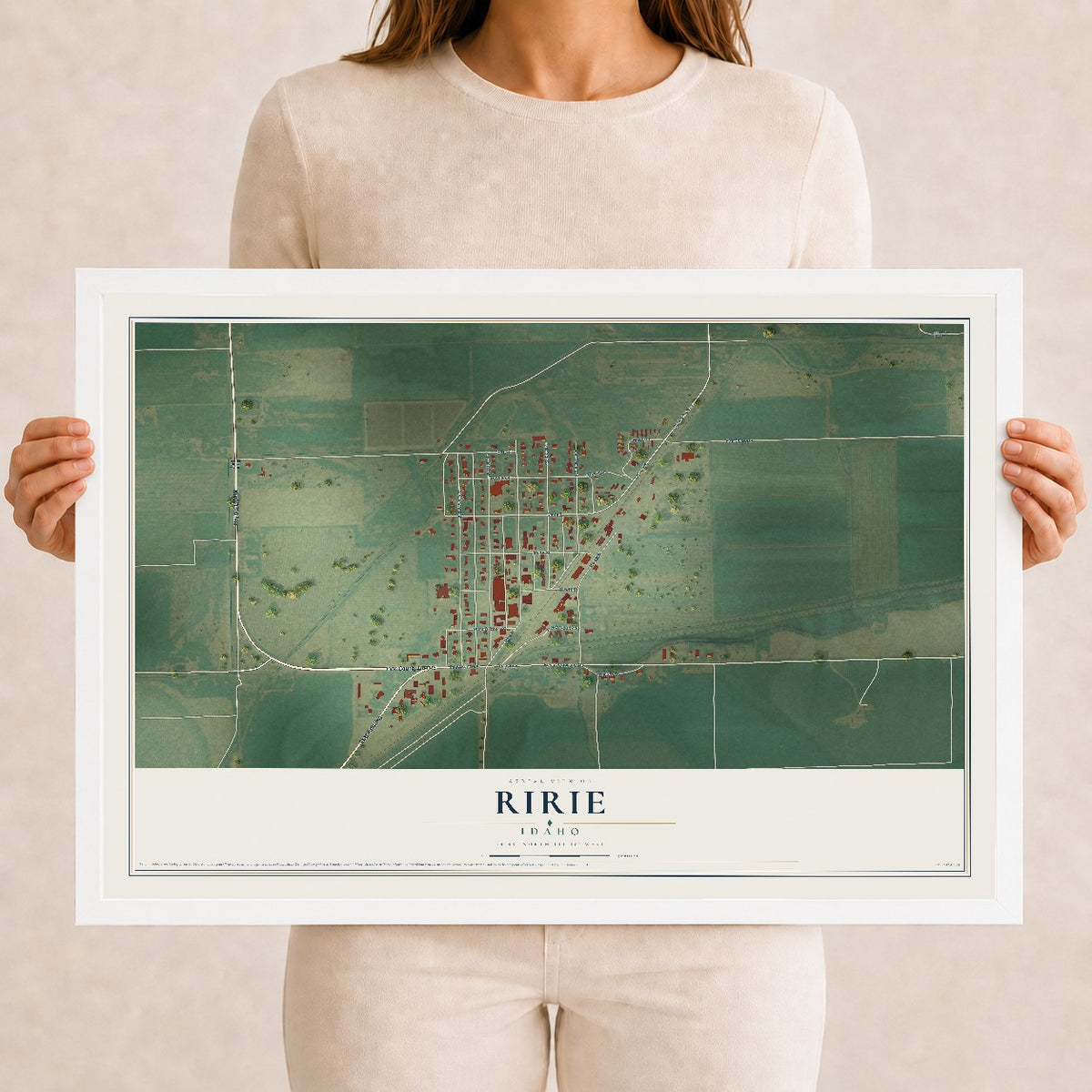 Map of Ririe, Idaho, 12 x 18 inch print in a white wood frame