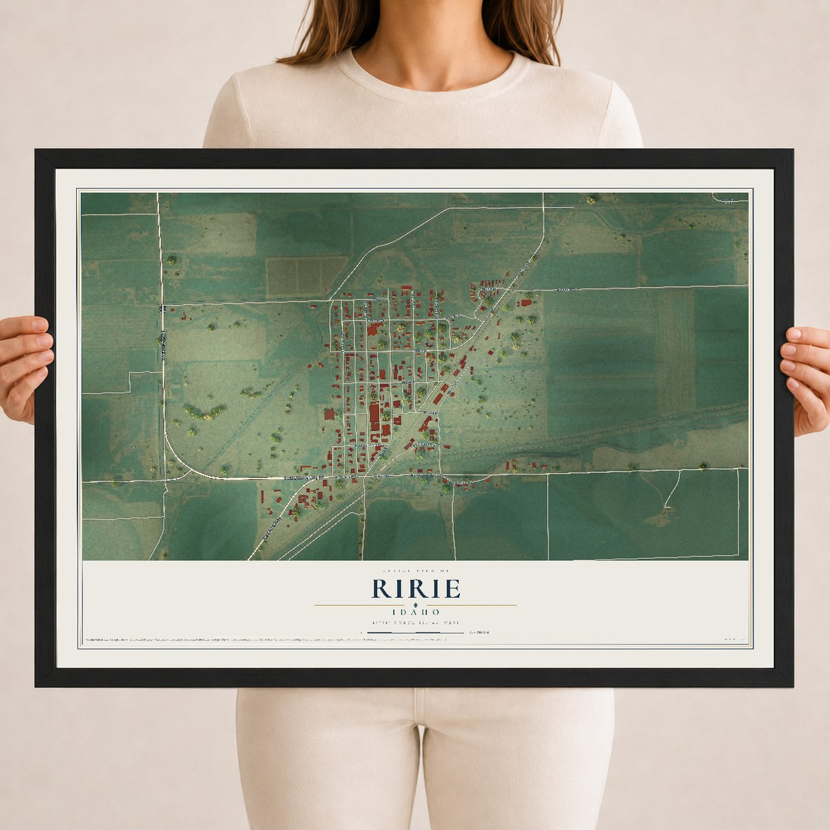 Map of Ririe, Idaho, 18 x 24 inch print in a black wood frame