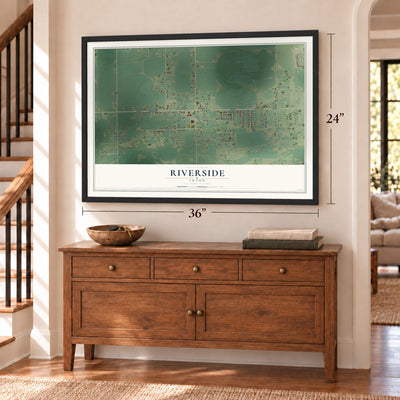 Riverside, Idaho map, 24 x 36 inch print in a black frame above a dresser by a staircase