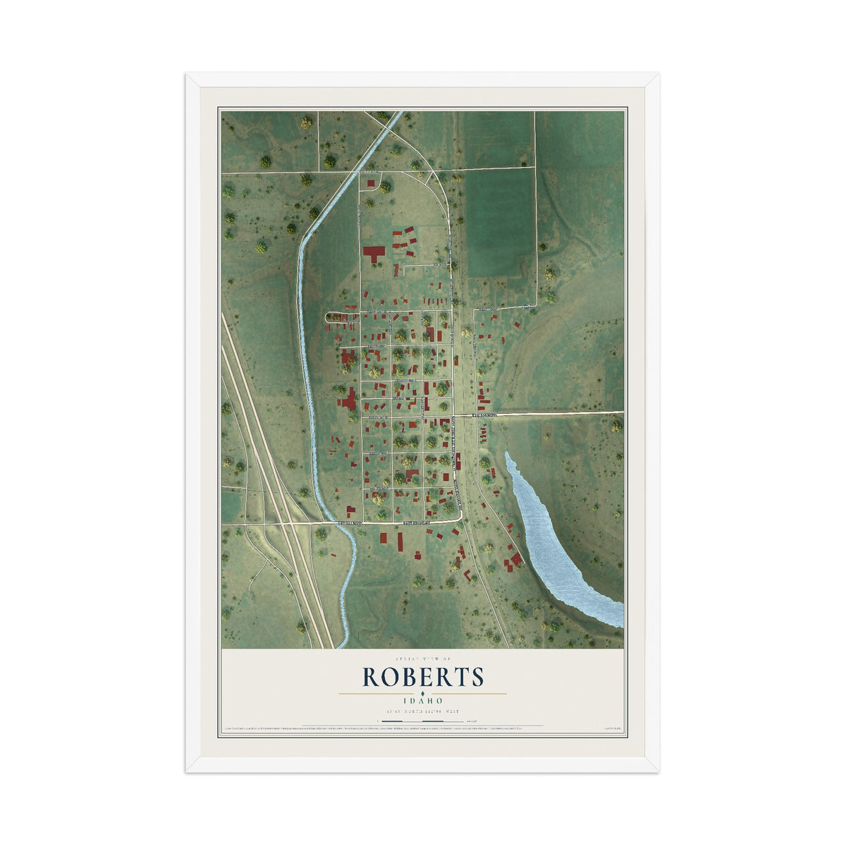 Map of Roberts, Idaho, 12 x 18 inch print in a white wood frame