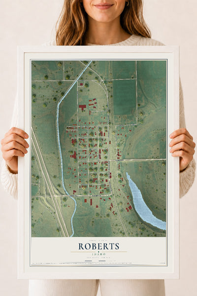 Map of Roberts, Idaho, 18 x 24 inch print in a white wood frame
