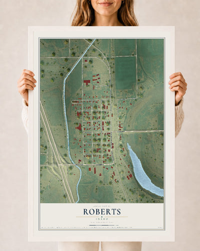 Map of Roberts, Idaho, 24 x 36 inch print in a white wood frame