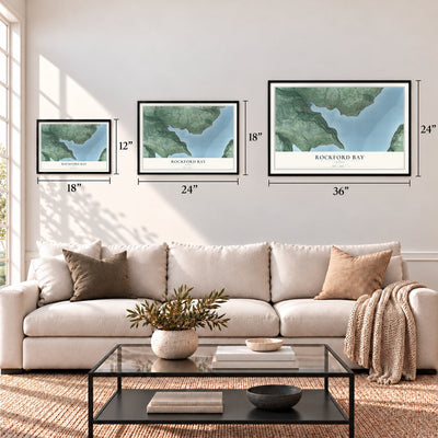 Rockford Bay, Idaho map in 12 x 18, 18 x 24 and 24 x 36 inch sizes above a sofa