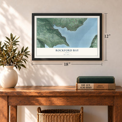 Rockford Bay, Idaho map, 12 x 18 inch print in a black frame in an entryway