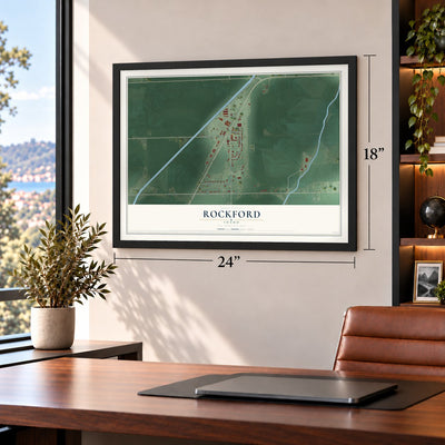Rockford, Idaho map, 18 x 24 inch print in a black frame in a home office
