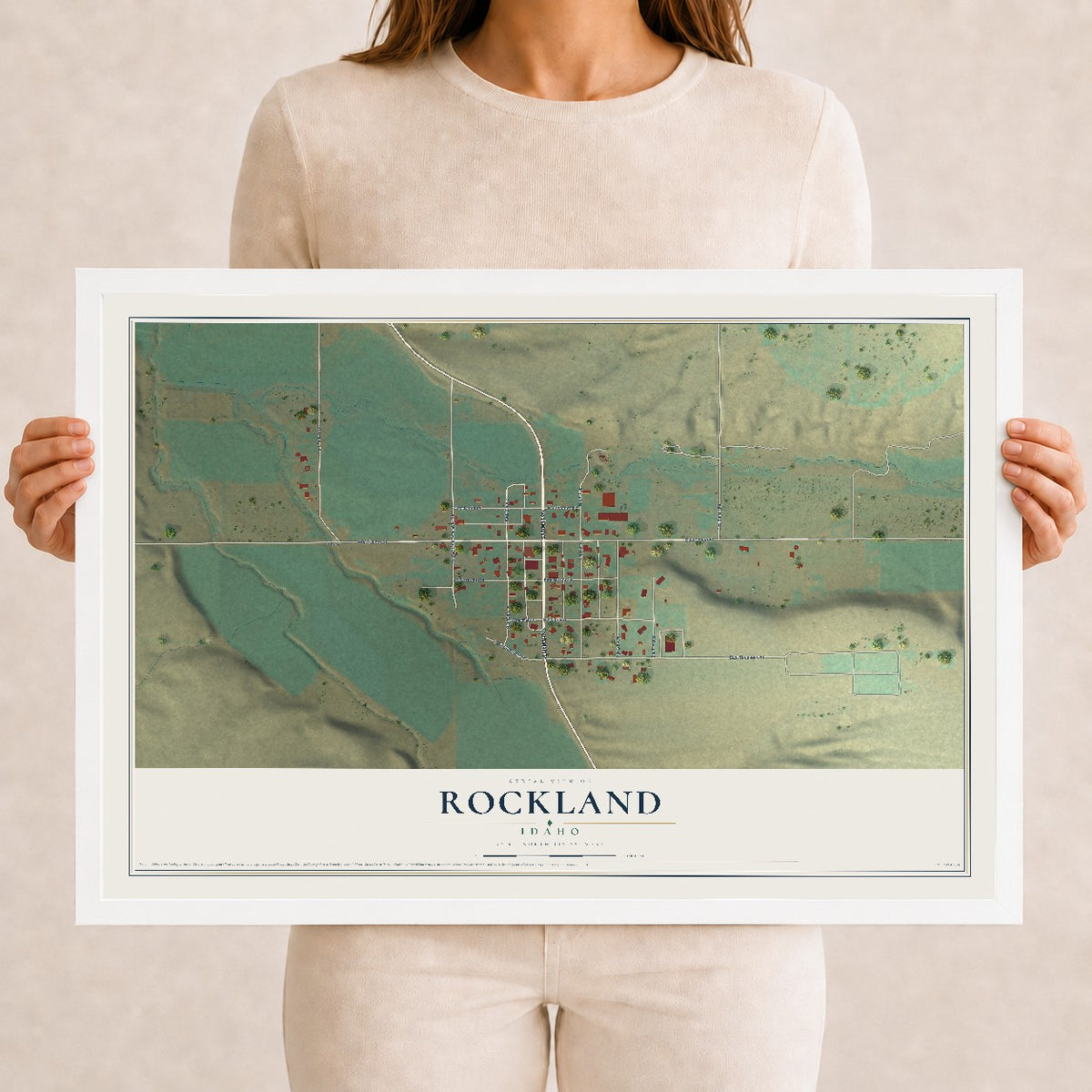 Map of Rockland, Idaho, 12 x 18 inch print in a white wood frame