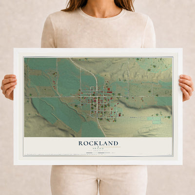 Map of Rockland, Idaho, 12 x 18 inch print in a white wood frame