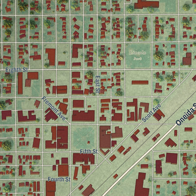 Close-up of the map of Rupert, Idaho print showing street and building detail