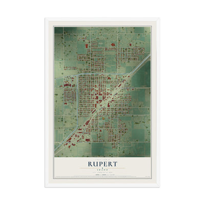 Map of Rupert, Idaho, 12 x 18 inch print in a white wood frame