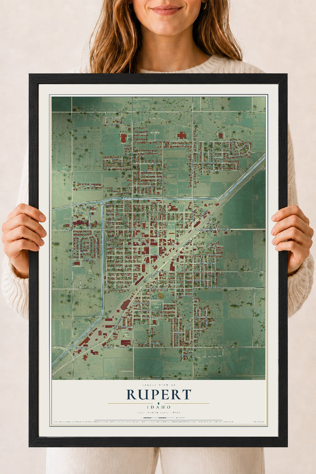 Map of Rupert, Idaho, 18 x 24 inch print in a black wood frame