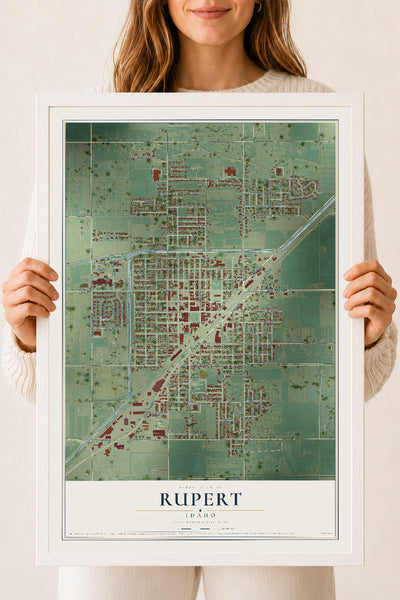 Map of Rupert, Idaho, 18 x 24 inch print in a white wood frame