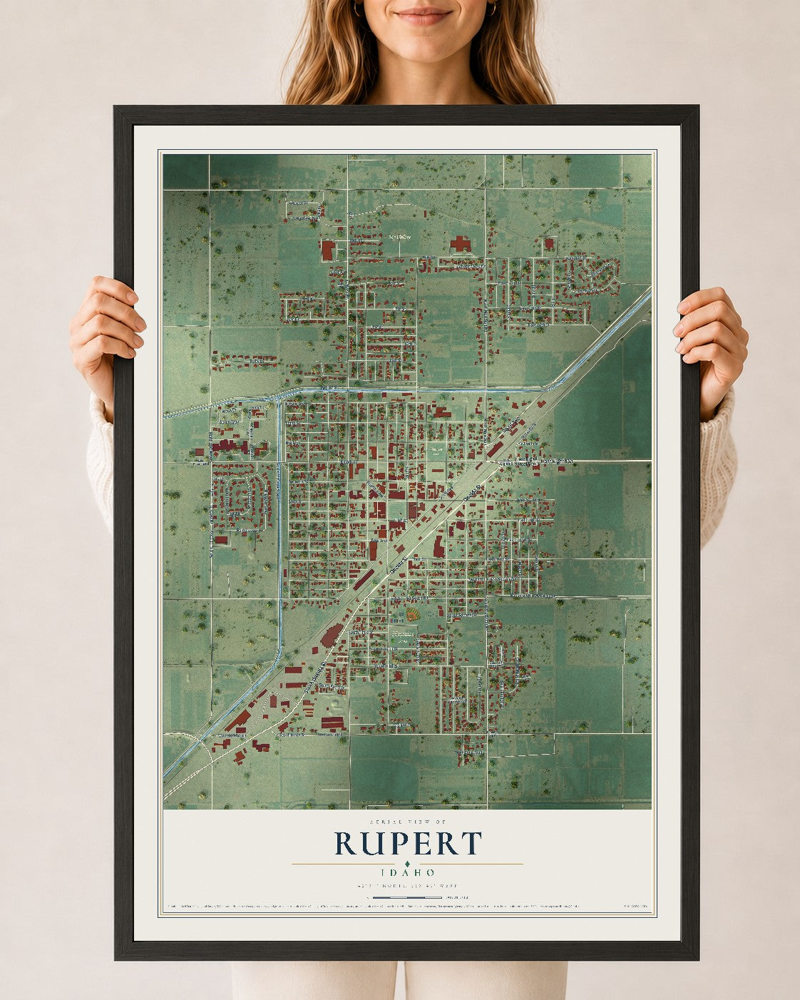 Map of Rupert, Idaho, 24 x 36 inch print in a black wood frame