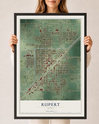 Map of Rupert, Idaho, 24 x 36 inch print in a black wood frame