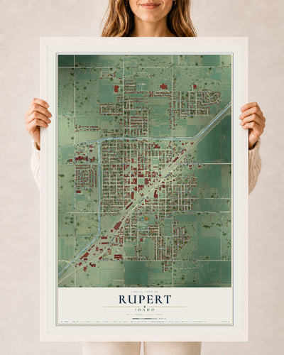 Map of Rupert, Idaho, 24 x 36 inch print in a white wood frame