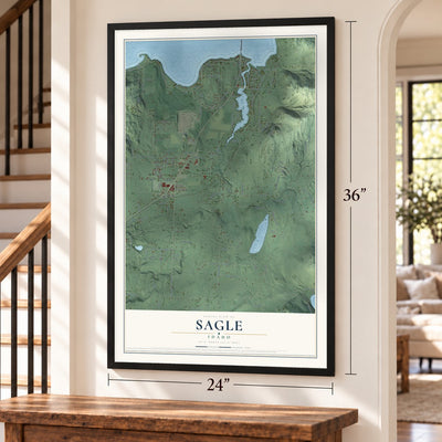 Sagle, Idaho map, 24 x 36 inch print in a black frame by a staircase