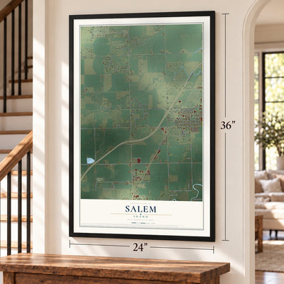 Salem, Idaho map, 24 x 36 inch print in a black frame by a staircase