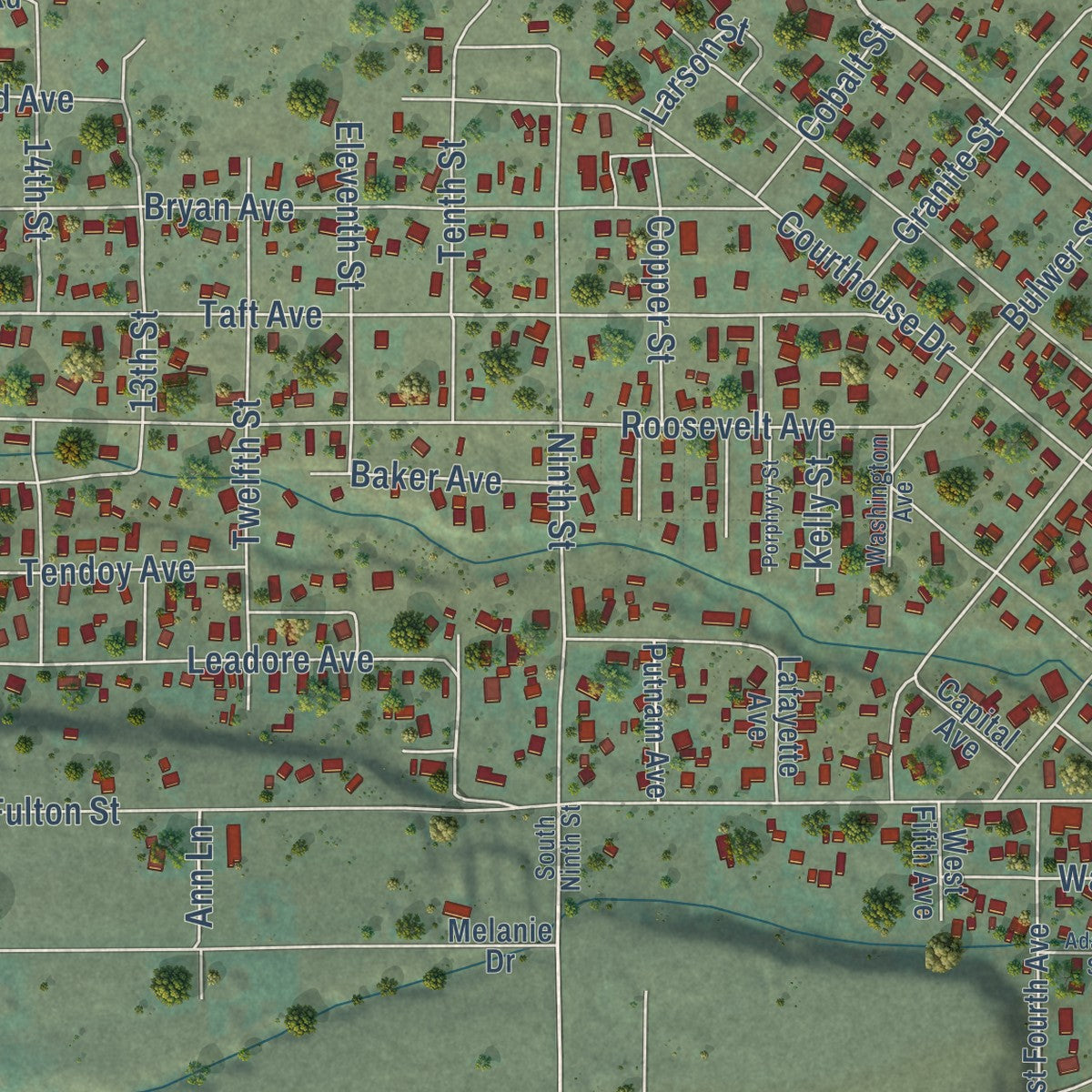 Second close-up of the map of Salmon, Idaho print showing more streets and buildings
